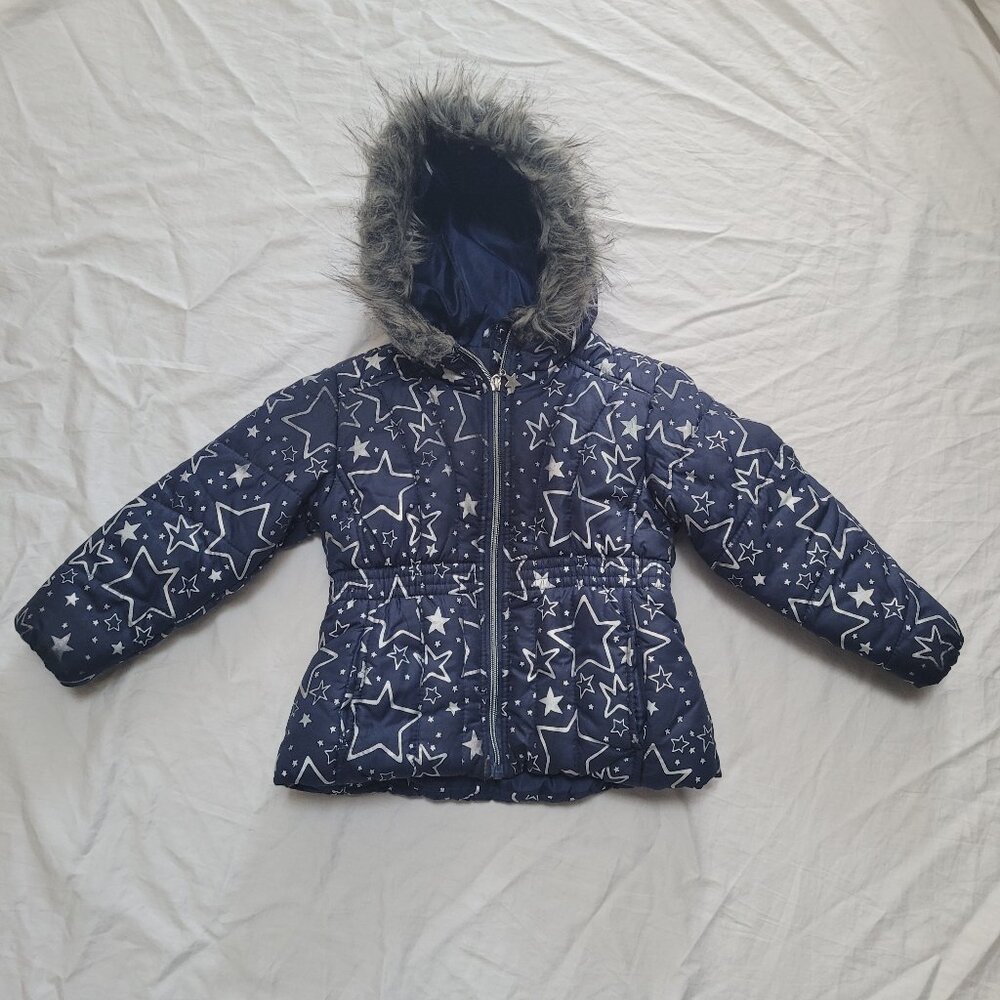 R1881 S. Rothschild Puffer Jacket Hooded Fur Trim Silver Foil Stars Navy 4T